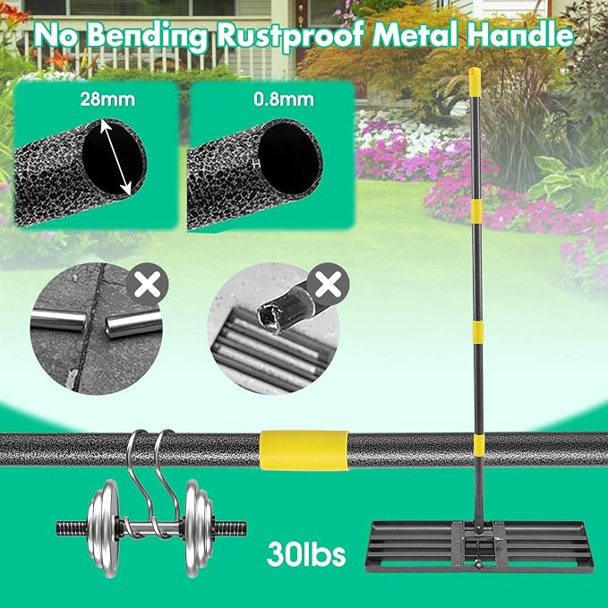 Lawn Leveling Rake,Foldable 30x10 Inch Ground Plate,72 Inch Adjustable Long Handle Yard Level Tool with Curved Edge,Heavy Duty Landscaping Lawn Leveler for Grass, Golf Field, Soil Sand Dirt Spreader