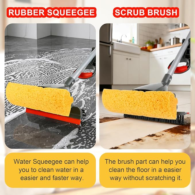 Sponge Mop for Floor Cleaning, Home Commercial Pop-up Cellulose Sponge Roller Mop with 2 Refill Heads, Includes Squeegee and Brush for Hardwood Tile Concrete Bathroom Kitchen Wall Ceiling