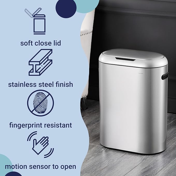 happimess HPM1016A Robo Kitchen 13.2-Gallon Slim Oval Motion Sensor Touchless Trash Can with Touch Mode, Fingerprint Resistant, Modern, Minimalistic for Kitchen, Office, Bathroom, Platinum Silver