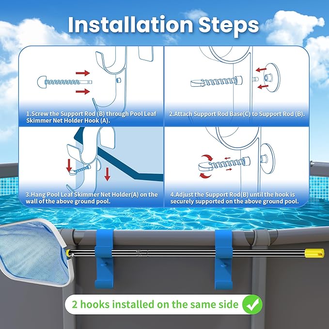 Poolside Pool Leaf Skimmer Net Holder, Above Ground Pool Pole Hanger, Above Ground Pool Accessories,Adjustable Telescopic Pool Pole Hooks,Pool Brush Hanger Tool Pool Equipment [Patented](2 PAIR)