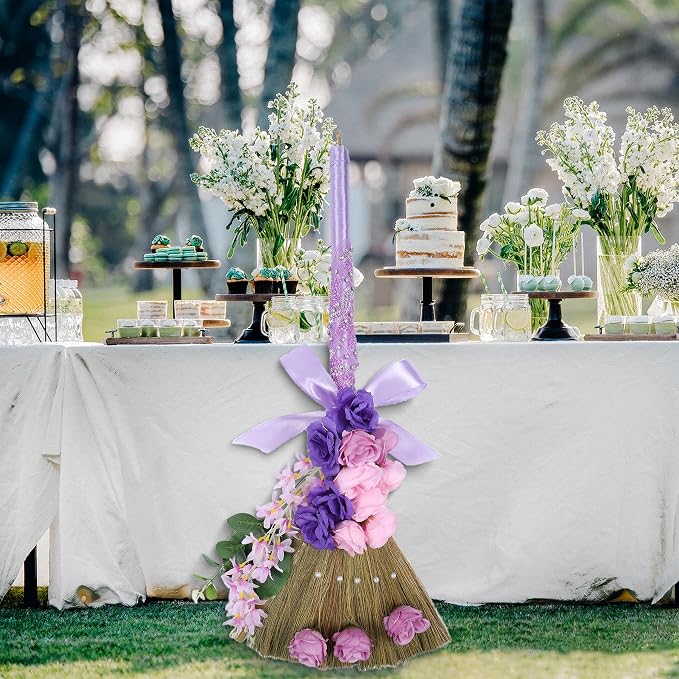 Wedding Brooms for Jumping Ceremony - TrinhGuo Purple Wedding Broom with Ribbons Pearls Artificial Flowers Leaves Mesh Embroidery, DIY Marriage Jumping Ceremony Set for African American