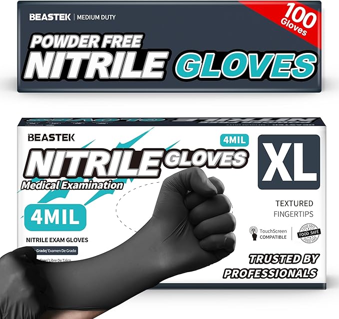 Beastek Black Disposable Nitrile Exam Gloves 100 Pcs 4Mil Chemical Resistant Powder-Free Latex-Free Food Safe Medical Cooking