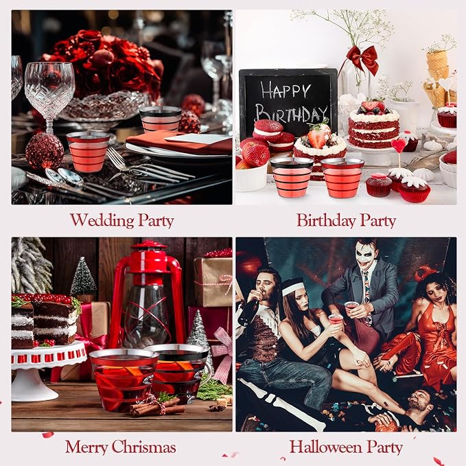 Gejoy 9 oz 100pcs Casino Party Cup Rimmed Stripe Plastic Cups Bulk Disposable Wine Hard Plastic Drinking Cocktail Cups Tumblers for Wedding Gathering Party Supplies(Black, Red)