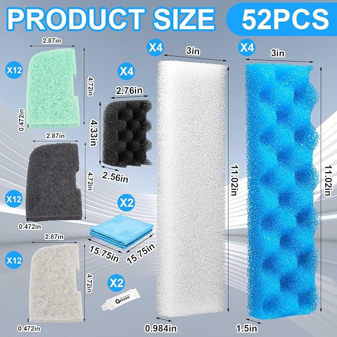 Threlaco 52 Pcs Replacement Filter Media Kit Compatible with Fluval 406/407 Aquarium Filters Include 12 Biological Foams Ammonia Remover Phosphate Pads Nitrite Remover, Towel and Grease