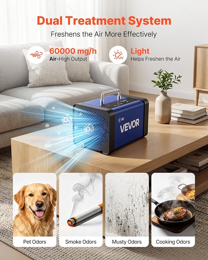 VEVOR Ozone Generator, 60000mg/h Commercial Ozone Machine, with 15s Delayed Start & Dual-Hose Water Mode & LCD Touchscreen, Industrial Deodorizer for Car, Smoke, Home Odors, Up to 4800 sq.ft
