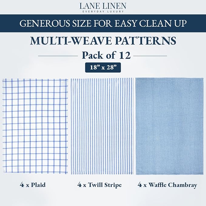 LANE LINEN Dish Towels Set of 12-18” x 28” Soft, Absorbent Cotton Kitchen Towels, Quick-Drying Tea & Hand Towels, Premium Decorative Dish Cloths - Indigo