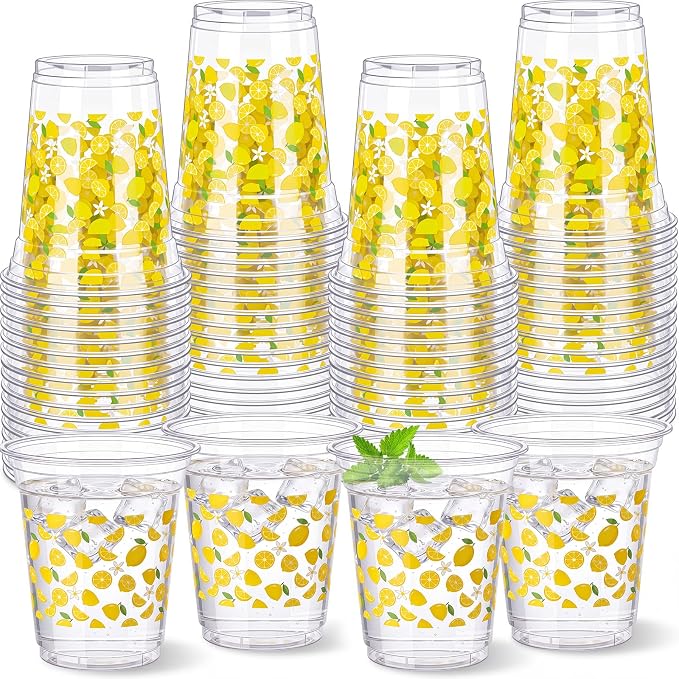 Qinyoung 100 Pcs Plastic Cups 12oz Disposable Cups Bulk Drinking Cup for Cold Drinks Baby Shower Wedding Birthday Valentine's Day Party Supplies (Lemon)