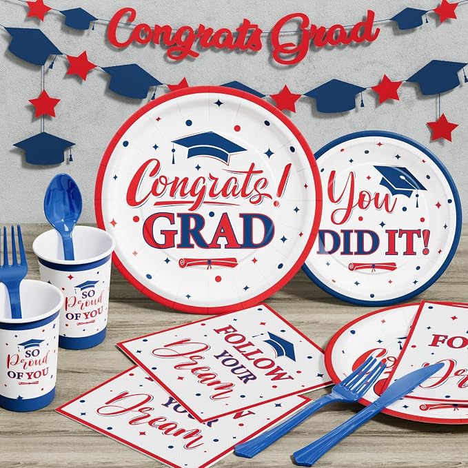 Graduation Decorations Class of 2026, 175 PCS Graduation Party Supplies College High School Grad Decor Disposable Dinnerware (Serve 25) Paper Plates Cup Napkin Fork Knife Spoon ( Red & Blue )