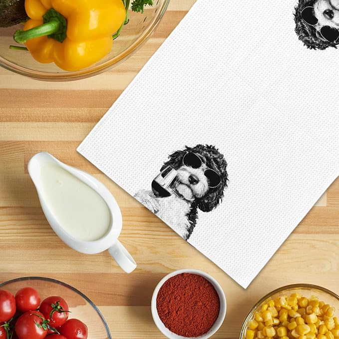 Funny Bernedoodle Wine Kitchen Towels, Gifts for Dog Wine Lovers, Bar Accessories Dish Tea Towels for Kitchen, Dog Owners Housewarming Gift Decorative Hand Towel 16x24 Inch