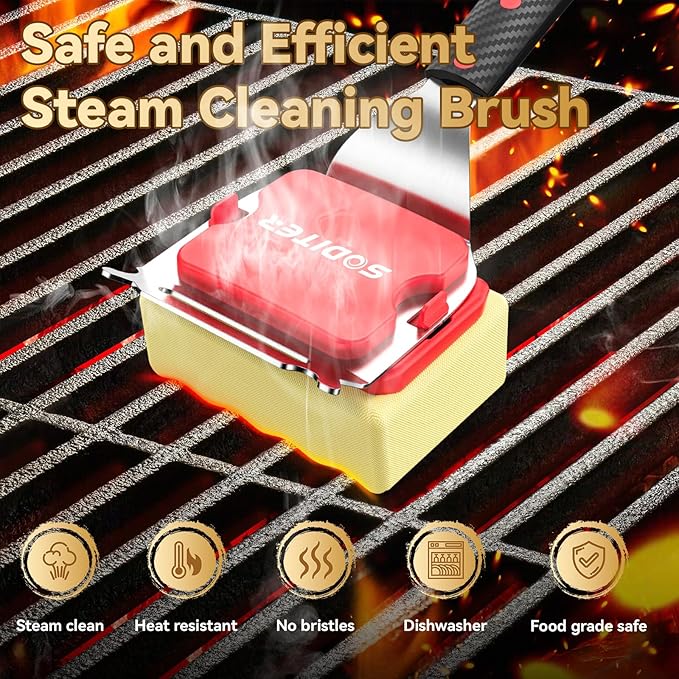 Grill Brush Bristle Free with Steam Cleaning Head & Scraper - BBQ Grill Cleaning Brush for Outdoor Grill, Safe Grill Cleaner for Cast Iron, Stainless Steel Grates, Replaceable Head (Two Brush Heads)