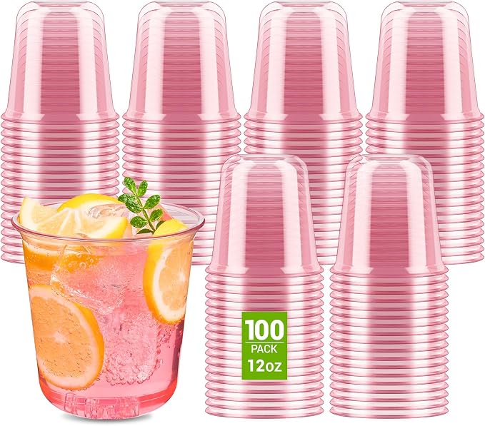 Soelomu 100 Pcs Pink Plastic Cups, 12 oz Disposable Stemless Wine Glasses Round Bottom Cocktail Party Cups for Wedding Birthday Meeting Gathering