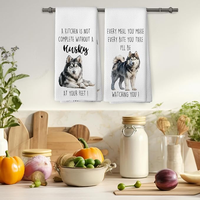 Husky Dog Kitchen Towels Set of 2, Funny Dog Kitchen Decor, Dogs Gifts for Women Men Hand Towel, Pet Owner Gift Decorative Tea Towels Dish Towel 16x24 Inch