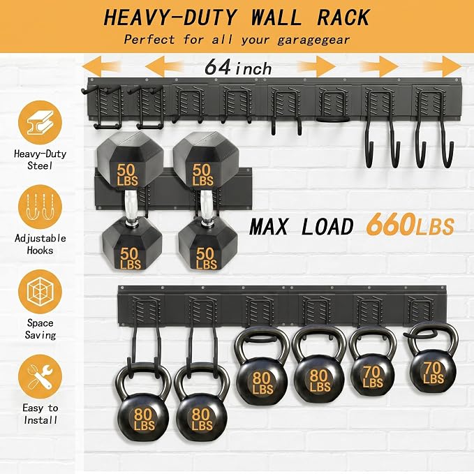 CBWLWJ Garage Tool Organizer Wall Mount, 64 inch Garage Wall Organizer, 660lbs Sturdy Garden Tool Organizer with 8 Adjustable Hooks, for Yard, Shed, Basement, Workshop(Black)