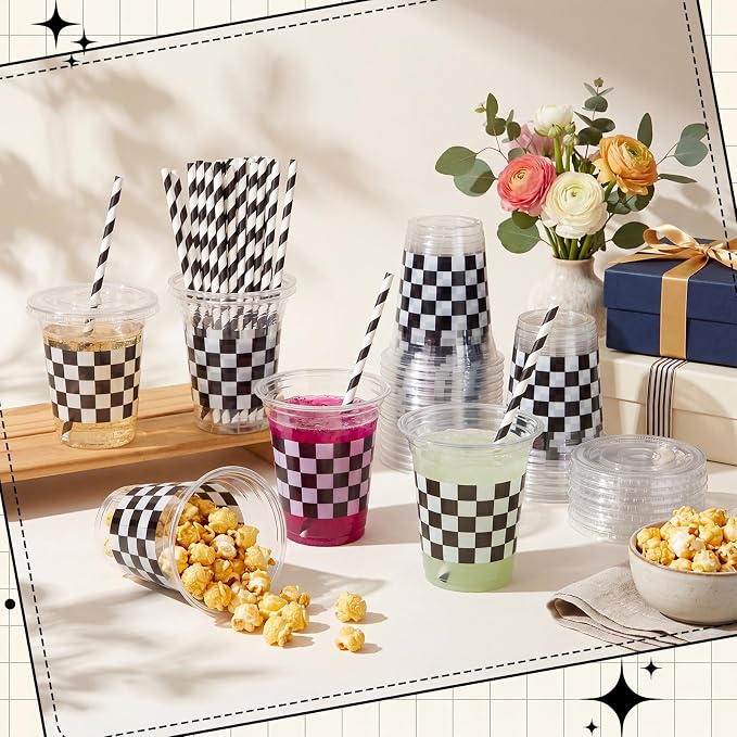 Domensi 25 Sets Checkered Plastic Cups with Lids and Paper Straws 12oz Black and White Disposable Drinking Cups Bulk for Cold Drinks Baby Shower Wedding Race Car Theme Birthday Party Supplies
