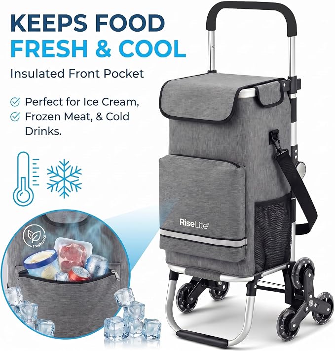 Stair Climbing Cart - Shopping Cart with Wheels for Stairs, Foldable Tri-Wheel Grocery Cart for Seniors & Apartments, 55L Bag with Insulated Cooler, Adjustable Handle, 110 Lbs, Waterproof