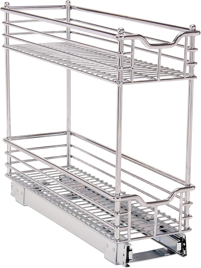 Household Essentials C21521-1 Glidez Dual 2-Tier Sliding Cabinet Organizer, 14.5" Wide, Chrome & Glidez Narrow Sliding Organizer, 7", Chrome
