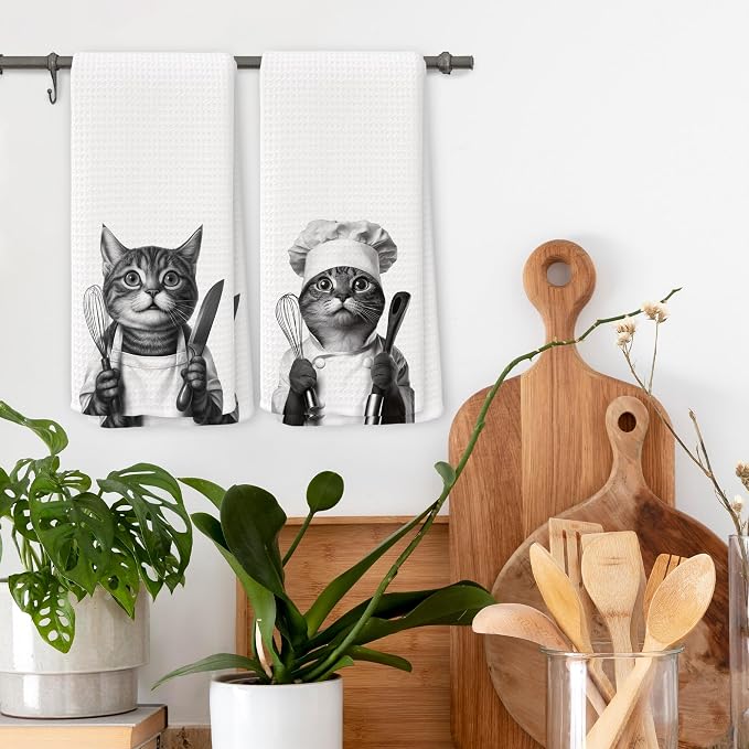 Funny Chef Cat Kitchen Towels Set of 2, Cat Mom Lady Lovers Owner Gifts for Women Dish Tea Towels for Kitchen, Gifts for Pet Lovers Decorative Hand Towel, 16x24 Inch