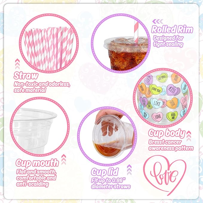JarThenaAMCS 50Pcs Valentine's Day Disposable Plastic Cups With Lids And Straws 12oz Romantic Conversation Heart Decoration Love Heart Cups for Dinner Anniversary Party Supplies