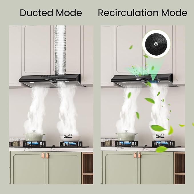 FIREGAS 30 Inch Black Under Cabinet Range Hood, Ducted/Ductless Convertible Kitchen Vent Hood with LED Light, 3-Speed Exhaust Fan, Push Button Control, Slim Stove Hood for Modern Kitchen