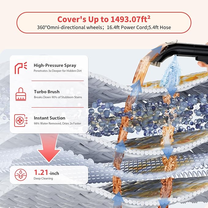 Upholstery Carpet Cleaner, MUJERBAY UltraHeat 12Kpa Portable Spot & Stain, Move with Universal Wheels & Handle, 1.18-inch Deep Cleaning Machine for Couch, Stairs, Car & Pet Messes.Silvery Black
