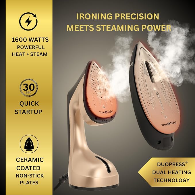 True & Tidy 2-in-1 Iron and Handheld Steamer, 1600W Dual Heating System with Ceramic-Coated Plate, LCD Display, No-Drip Technology, 3 Fabric Modes, Portable Garment Steamer for Home & Travel