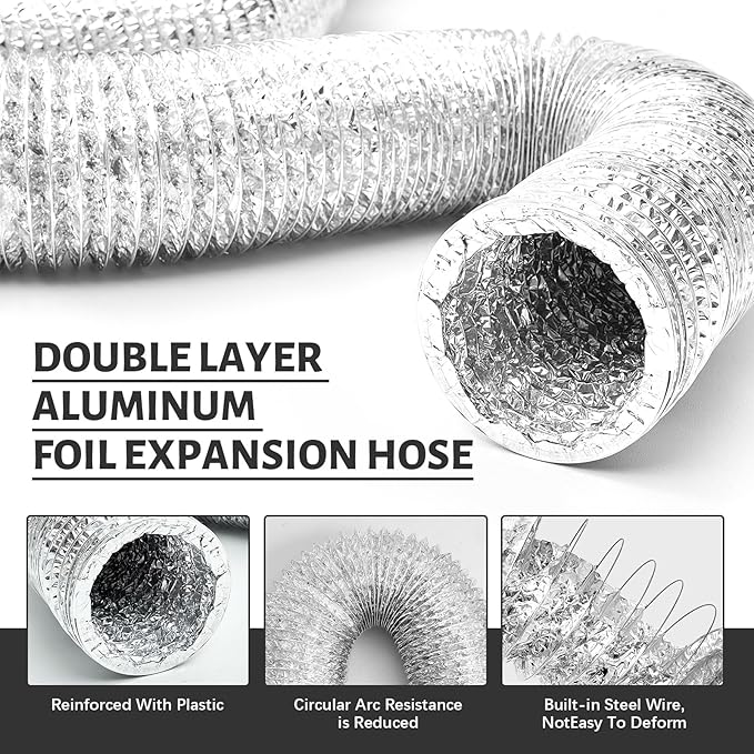 Zonon Dryer Vent Hose 4 Inch X 25 Feet Flexible Aluminum Foil Ducting Non Insulated with Stainless Steel Clamps and Aluminum Tape for Pipe, HVAC Heating Cooling Ventilation and Exhaust(Silver)