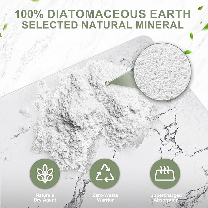 Large Stone Drying Mat for Kitchen Counter, 24" × 16" Diatomite Dish Drying Mat, Quick Dry Stone Mats, Ultra Absorbent Natural Diatomaceous Earth Mats for Dished, Bottles, White Marble