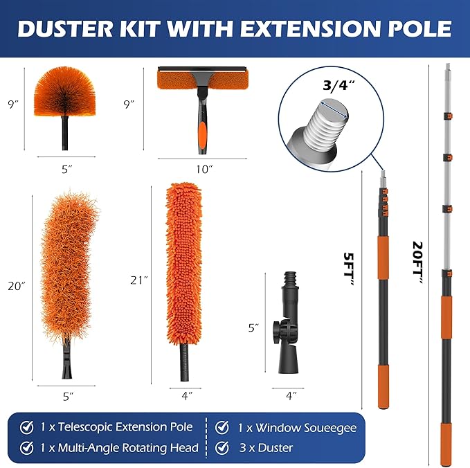 26FT High Reach Duster Kits with 5-20FT Extension Pole, Cobweb Duster with Telescoping Pole, Washable Ceiling Fan Cleaner & Window Squeegee for Glass Surfaces & High Roof