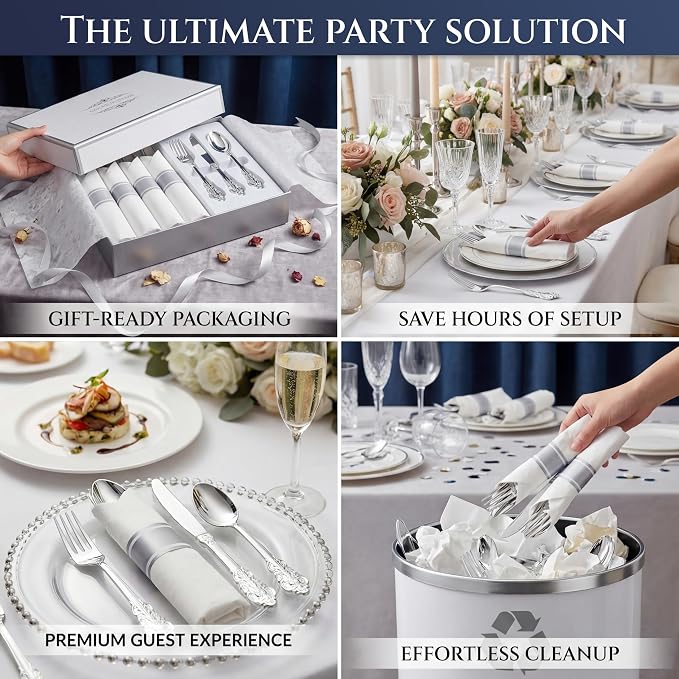 Liacere 400PCS Silver Plastic Silverware - Pre Rolled Napkins Disposable Silver Cutlery-Premium Quality Gold Plastic Utensils - Includes 100Forks,100Knives,100Spoons,100Napkins For Wedding & Party