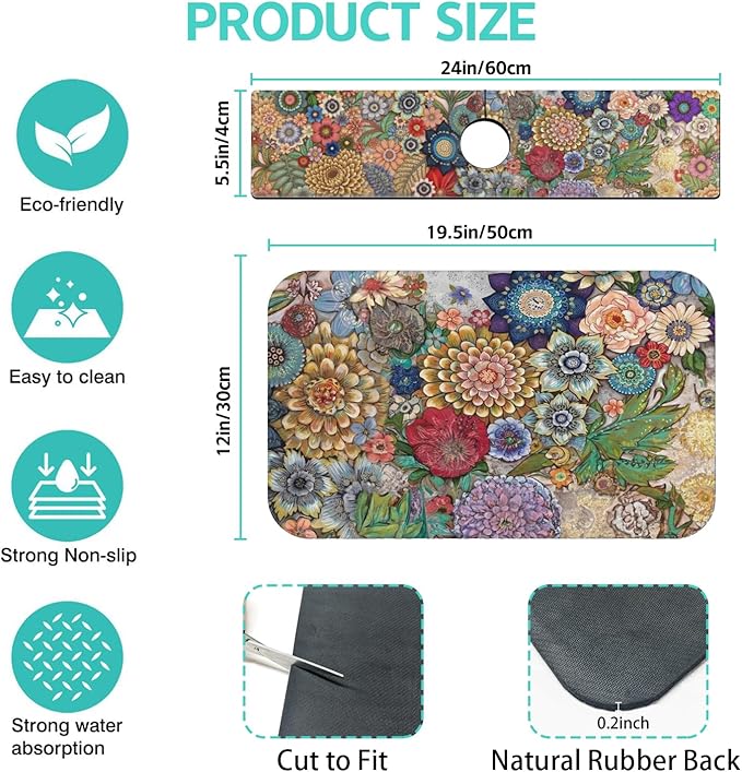 Dish Drying Mat for Kitchen Counter Matt, 2PCS 19"x12" Dish Drainer Mat & 24"x5.5" Sink Splash Guard, Super Absorbent Non-slip Rubber Backed
