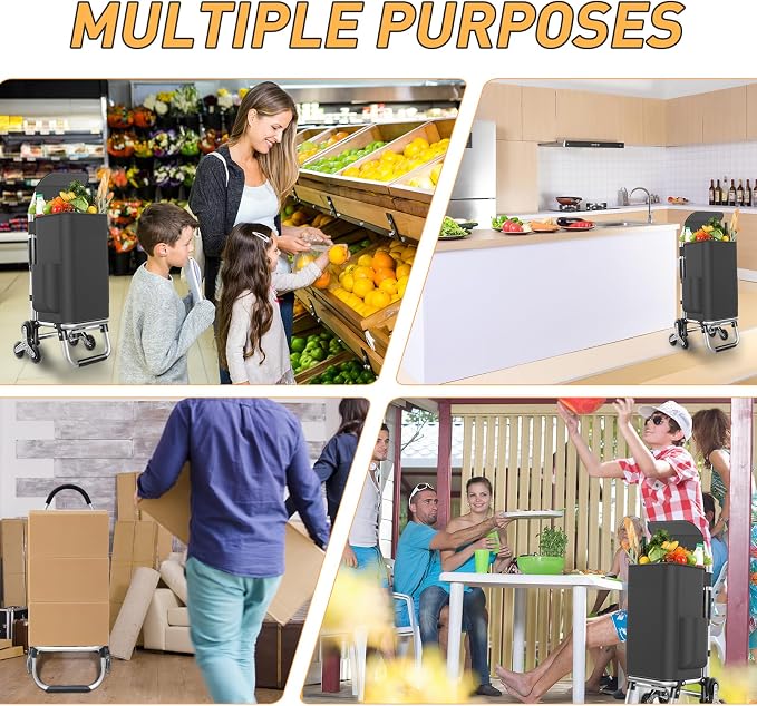 Heavy Duty 3 in 1 Shopping Cart, Foldable Hand Truck with 6 Wheels, 110 lbs Grocery Cart, Portable Utility Dolly, Waterproof Bag for Moving, Camping