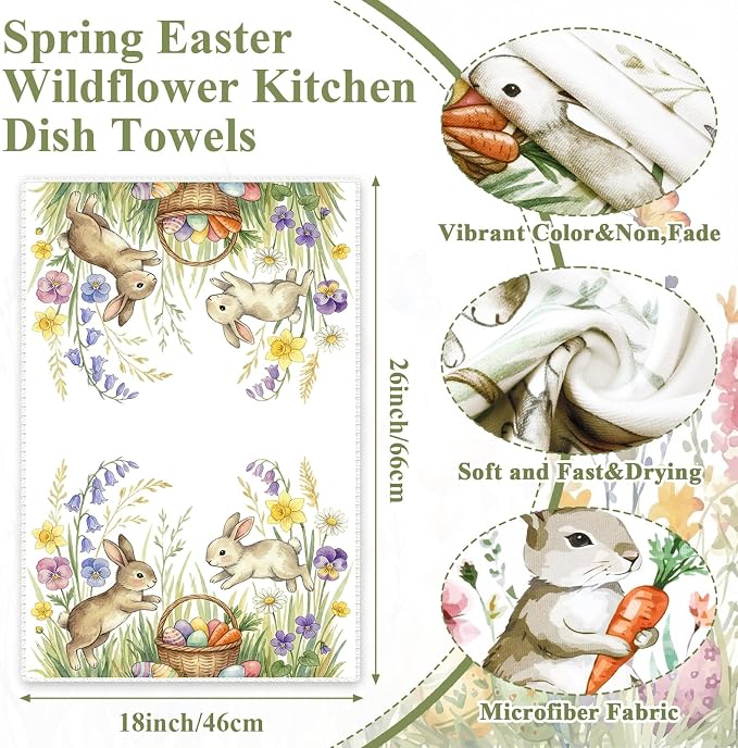 Tegeme 4 Pcs Spring Bunny Wildflowers Kitchen Towel Retro Vintage Flowers Dish Towels 18 x 26 Inch Floral Decorative Hand Tea Towel for Bathroom Baking Cooking Cleaning Holiday Party Supplies