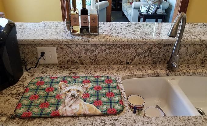 Caroline's Treasures Hairless Palomino Chinese Crested Christmas PoinsettIas Dish Drying Mat Absorbent Dish Drying Mat Pad for Kitchen Counter Dish Drainer Mat for Countertop, 14 x 21", Multicolor