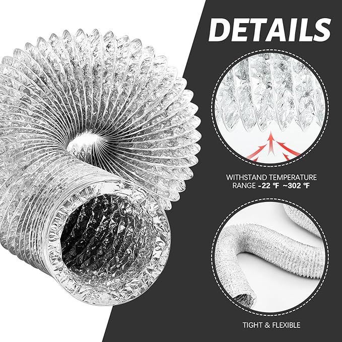 Zonon Dryer Vent Hose 4 Inch X 12 Feet Flexible Aluminum Foil Ducting Non Insulated with Stainless Steel Clamps and Aluminum Tape for Pipe, HVAC Heating Cooling Ventilation and Exhaust(Silver)