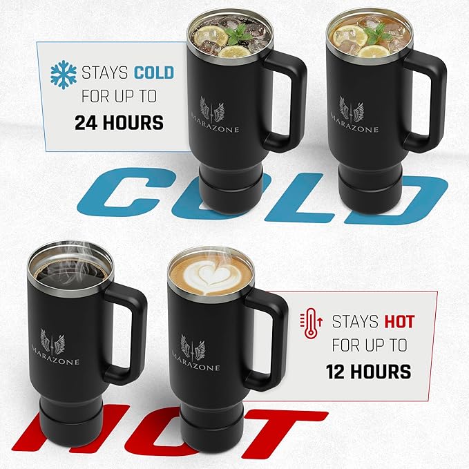 MARAZONE 40 oz Stainless Steel Tumbler with Handle, Lid and Removable Silicone Boot | Leakproof Travel Mug | Cupholder Compatible | Insulated Cup for Hot or Cold Drinks | BPA-Free - Midnight