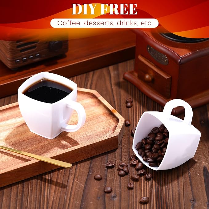 Amyhill 50 Pcs 5 oz Disposable Tea Cups Bulk with Handle Mini Hard Plastic Coffee Mug Square Disposable Espresso Cups for Tea Party Wedding Catering Dessert Sampling (White)