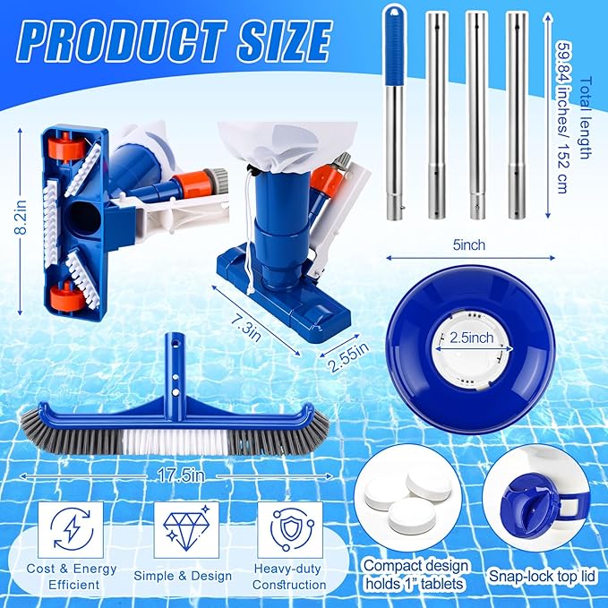 Potchen 6 Pcs Pool Cleaning Kit Include Vacuum Head, Skimmer Net, Brush Head, Telescoping Pole, Pool Chlorine Floater, and Test Strips for Above Ground Pools Hot Tubs Maintenance Tools(Spa Jet Vac)