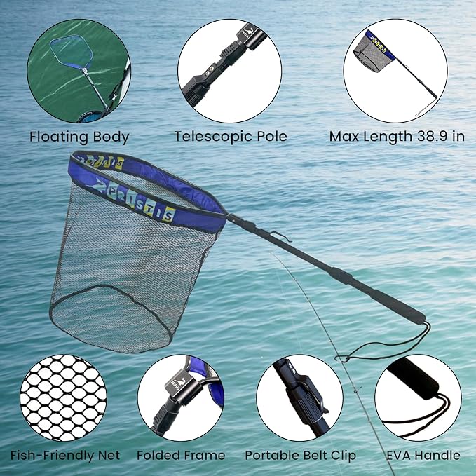 Pristis Floating Lightweight Fishing Net with Telescopic Pole Handle, 20'' Deep Net, Rubber Coat Landing Net Freshwater Saltwater, 39'' Foldable Extendable Dip, Boat Kayak for Catch Release