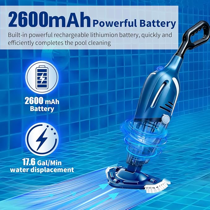 YASHINE Cordless Pool Vacuum Cleaner, Rechargeable, Handheld Pool Vacuum for Above Ground and Inground Pools, spa hot tub 18.5 GPM Suction 80 Min Run Time
