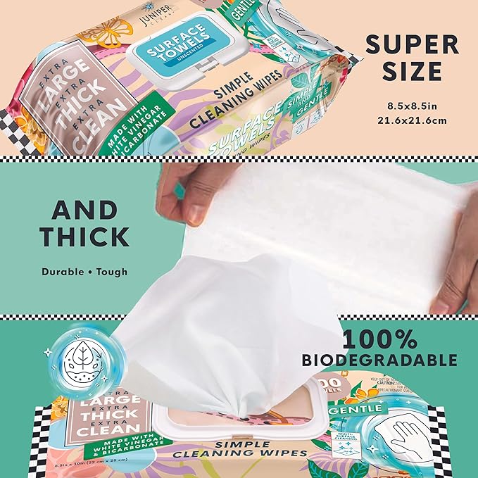 Juniper CLEAN 6 Packs Surface Cleaning Wipes Bleach Free, Thick & Large Dispose, All-Purpose Cleaner for Bathroom, Kitchen, Office, 600 Count Soft Flow, Biodegradable, No Scent