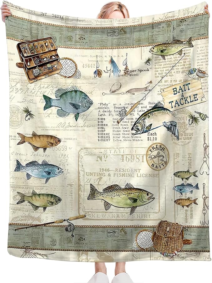 Tijuboni Fishing Throw Blanket Cabin Fishing Gifts for Men Boys Women Girls Adults Kids Soft Flannel Fleece Blanket for Couch Sofa Bed Home Decor 40"x50"