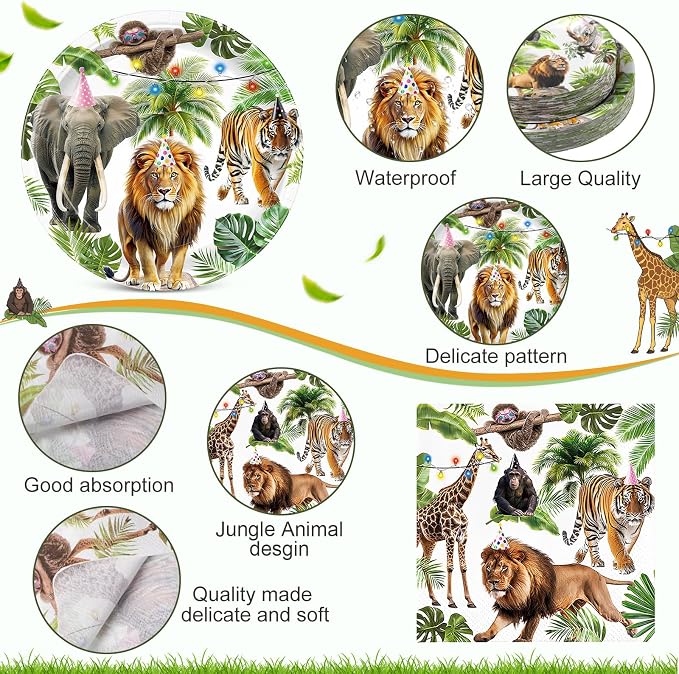 Pickmesh 250 Pcs Jungle Birthday Party Supplies Decorations Serve 50 Safari Animals Disposable Paper Plates Napkins and Cups Jungle Wild Animals Zoo Safari Baby Shower Birthday Wedding Party Supplies