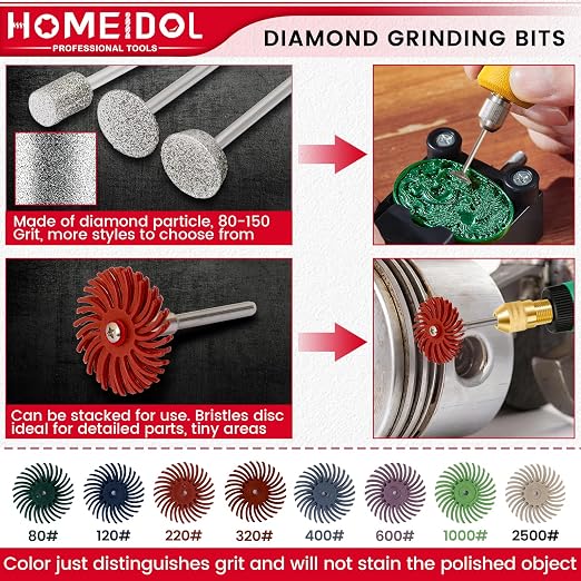 40Pcs Diamond Burr Bits Compatible with Dremel Polishing Kit, HOMEIDOL Diamond Bits for Dremel Tool Accessories, 1" Radial Bristle Disc Kit with 1/8" Shank Engraving Bits for Stone Ceramics Metal