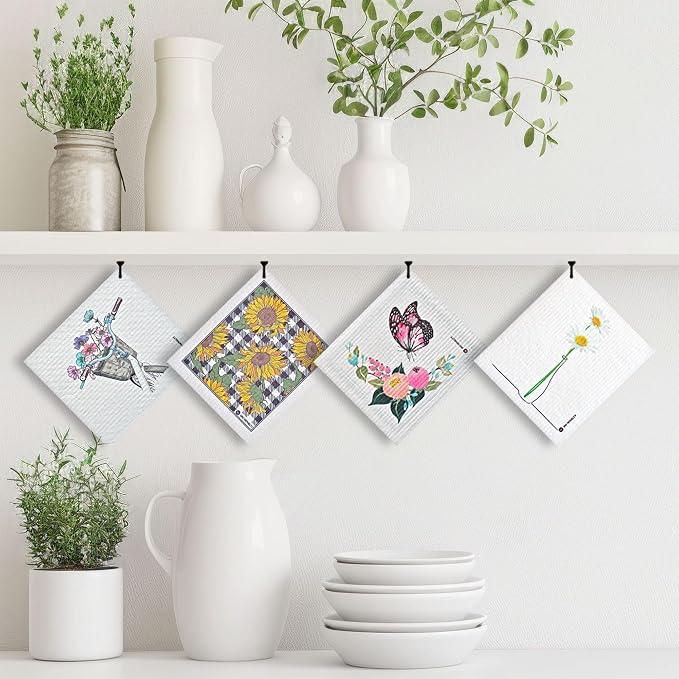 Swedish Dishcloths - 12 Pack | Made in Germany | Ultra-Absorbent, Reusable Cellulose Sponge Cloths for Kitchen | No-Odor, Eco-Friendly Cleaning Wipes | Water-Based Ink | Foral