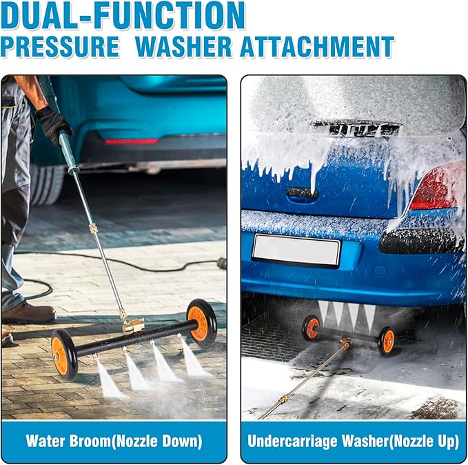 16 inch Undercarriage Pressure Washer Attachment, 2 In 1 Power Washer Water Broom with 7 Nozzles for Cleaning Car, Sidewalk