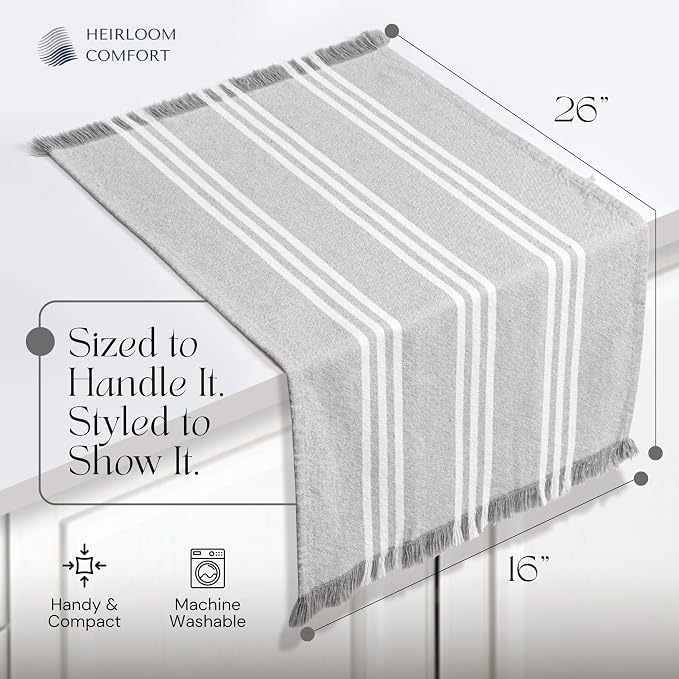 12 Pack Monochrome Stripe Kitchen Towels with Fringes, 16x26 Inch, 100% Cotton, Lint-Free, Absorbent & Washable Dish Towels for Drying Dishes, Everyday Kitchen Use, Dark Grey