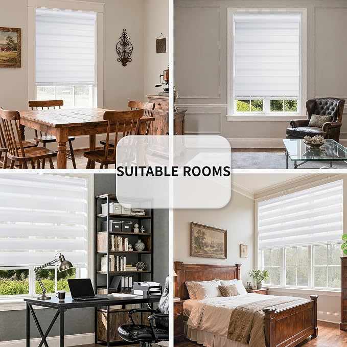 MYshade Cordless Zebra Blinds with Free-Stop Function - Dual Layer Light Filtering & Privacy Sheer Shades for Day and Night - Easy Install Window Shades for Home, Living Room, 27" W x 64" H,White
