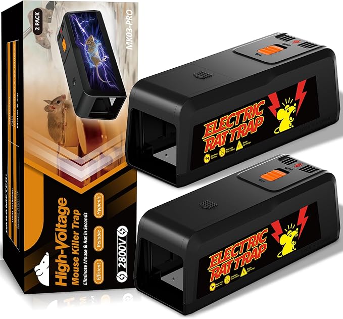 Electric Rat & Mouse Traps for Home – 2800V Instant Eliminate, Pet-Safe Enclosed Design, No-Touch Cleanup, Reusable Indoor Rodent Trap for Kitchen, Garage, Basement (2 Pack Rat Traps-Black)