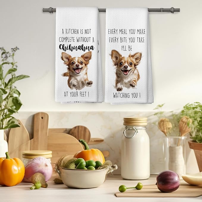 Chihuahua Dog Kitchen Towels Set of 2, Funny Dog Kitchen Decor, Dogs Gifts for Women Men Hand Towel, Pet Owner Gift Decorative Tea Towels Dish Towel 16x24 Inch