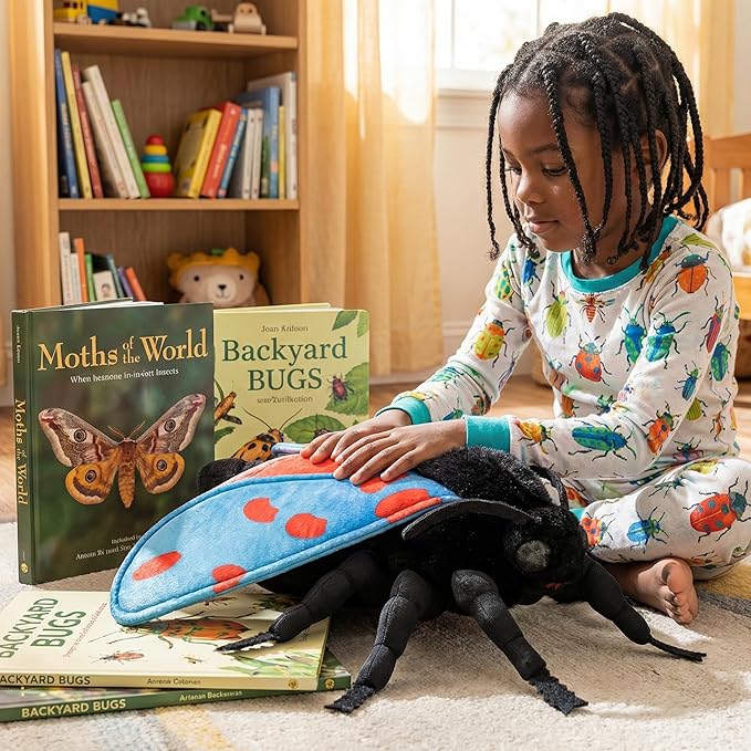 Cinnabar Moth Plush Toy - Lifelike Blue Cinnabar Moth Stuffed Animals 11in, Realistic Soft Big Wings Moth Toys, Unique Plush Collection for Kids